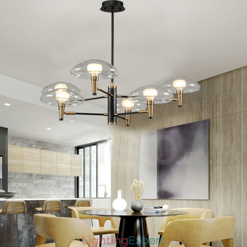 6 Light Uplight Electroplated Painted Finish Chandelier with Glass Shades