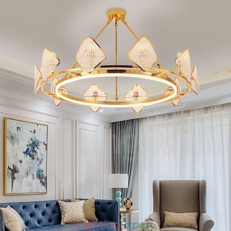 Gold Postmodern Luxury Round K9 Crystal Pendant Chandelier Light with Acrylic Shade Exhibition Hall