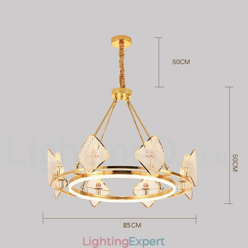 Gold Postmodern Luxury Round K9 Crystal Pendant Chandelier Light with Acrylic Shade Exhibition Hall