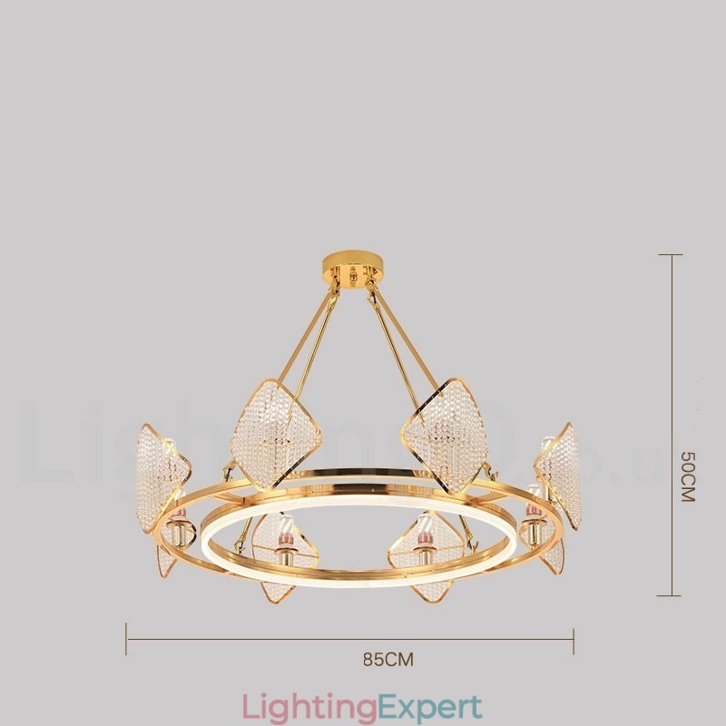 Gold Postmodern Luxury Round K9 Crystal Pendant Chandelier Light with Acrylic Shade Exhibition Hall