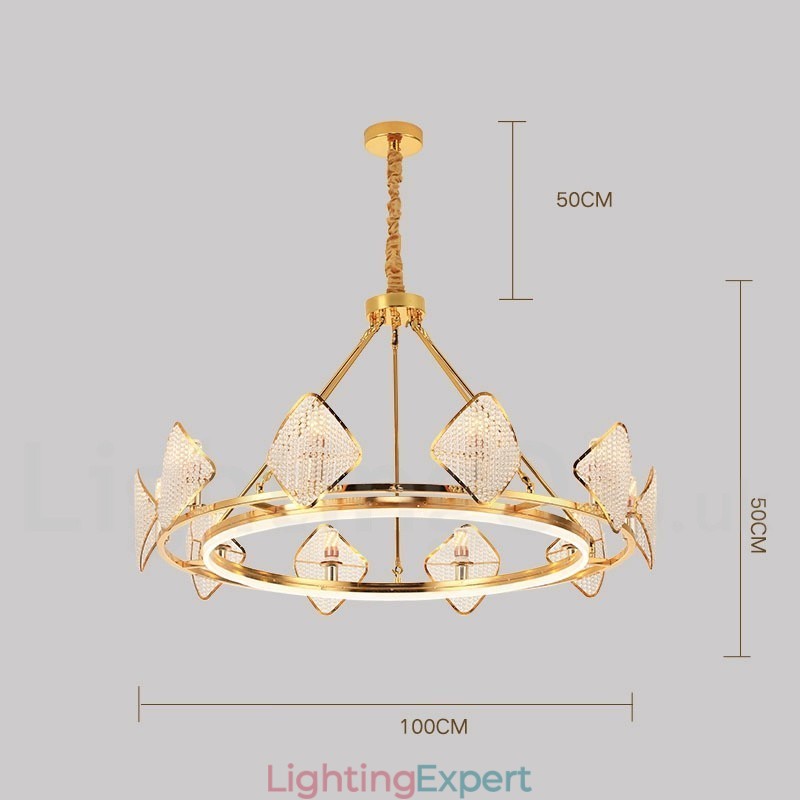 Gold Postmodern Luxury Round K9 Crystal Pendant Chandelier Light with Acrylic Shade Exhibition Hall