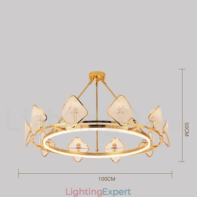 Gold Postmodern Luxury Round K9 Crystal Pendant Chandelier Light with Acrylic Shade Exhibition Hall