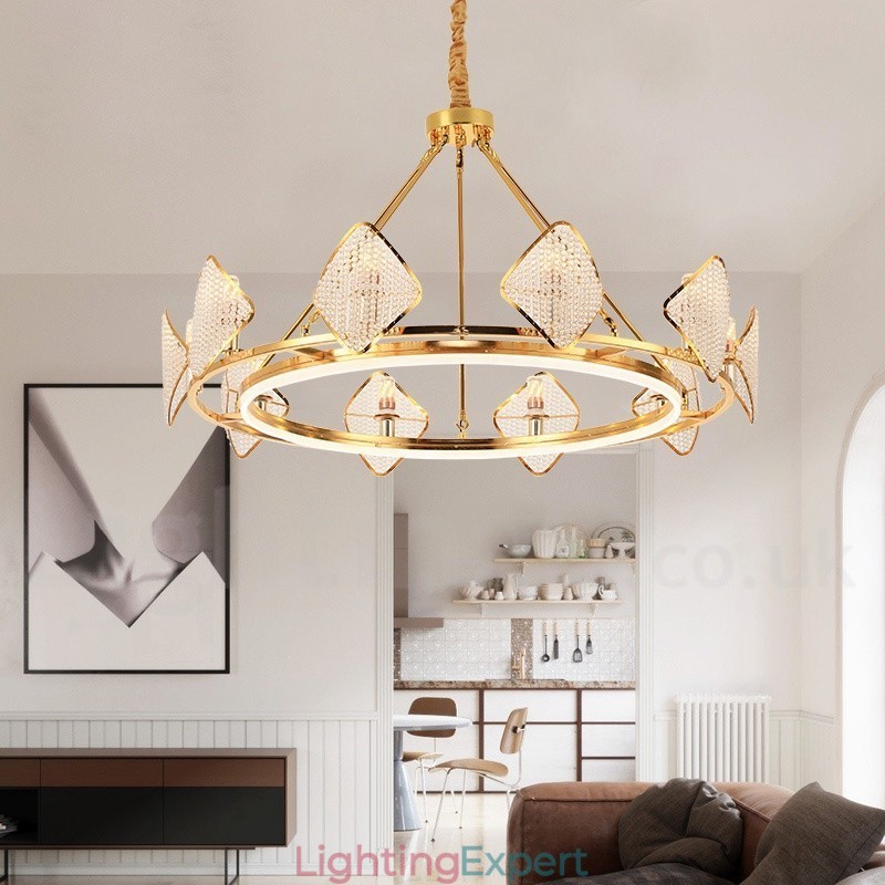 Gold Postmodern Luxury Round K9 Crystal Pendant Chandelier Light with Acrylic Shade Exhibition Hall