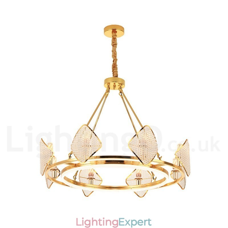 Gold Postmodern Luxury Round K9 Crystal Pendant Chandelier Light with Acrylic Shade Exhibition Hall