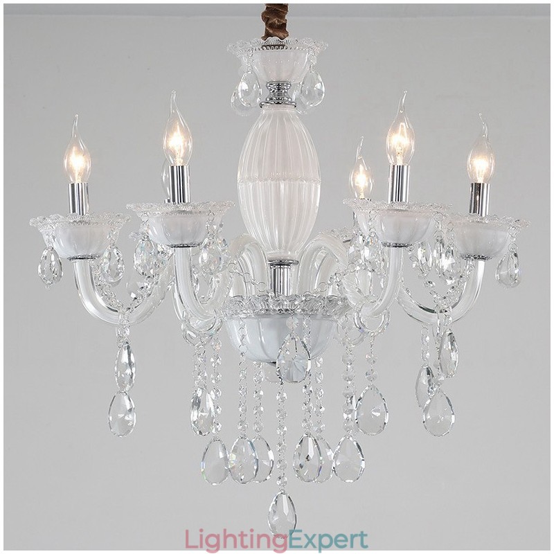 6 Light White Candle Chandelier with Crystal