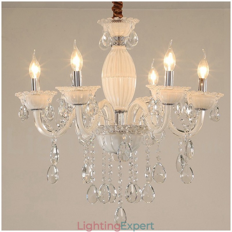 6 Light White Candle Chandelier with Crystal