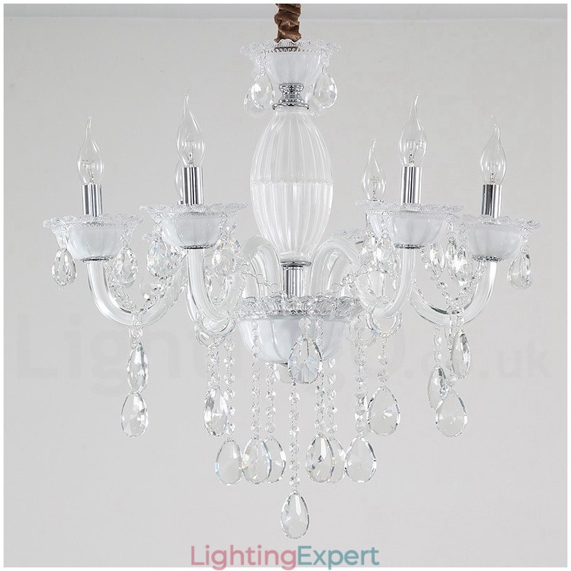 6 Light White Candle Chandelier with Crystal
