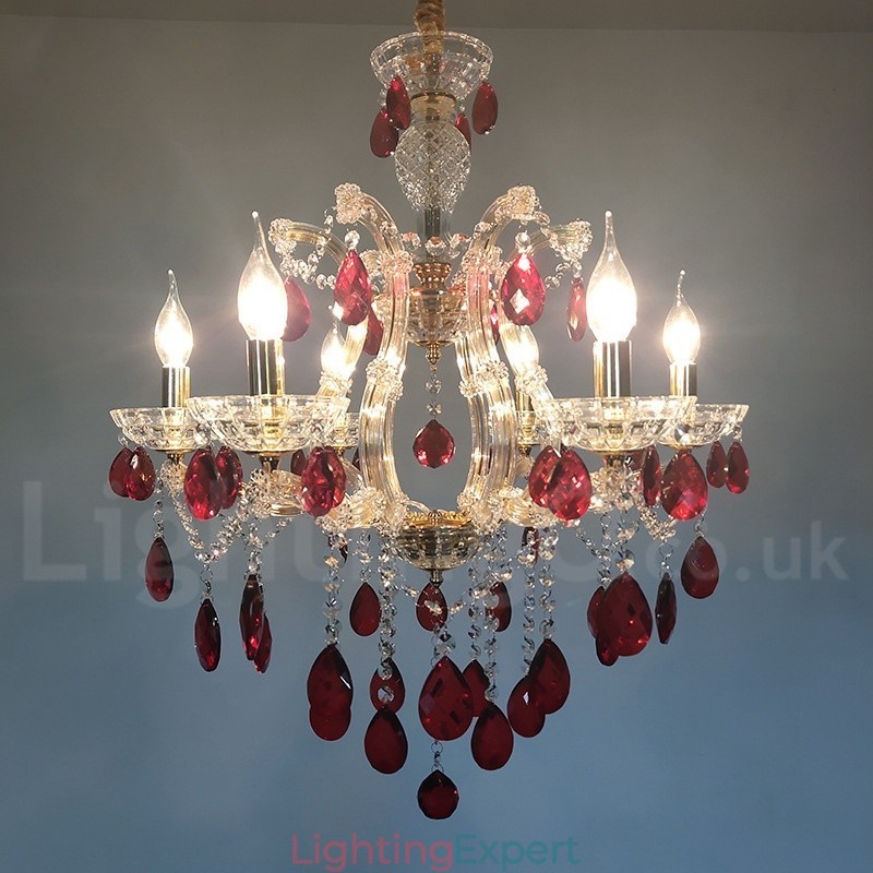 6 Light Gold Candle Chandelier with Red Crystal