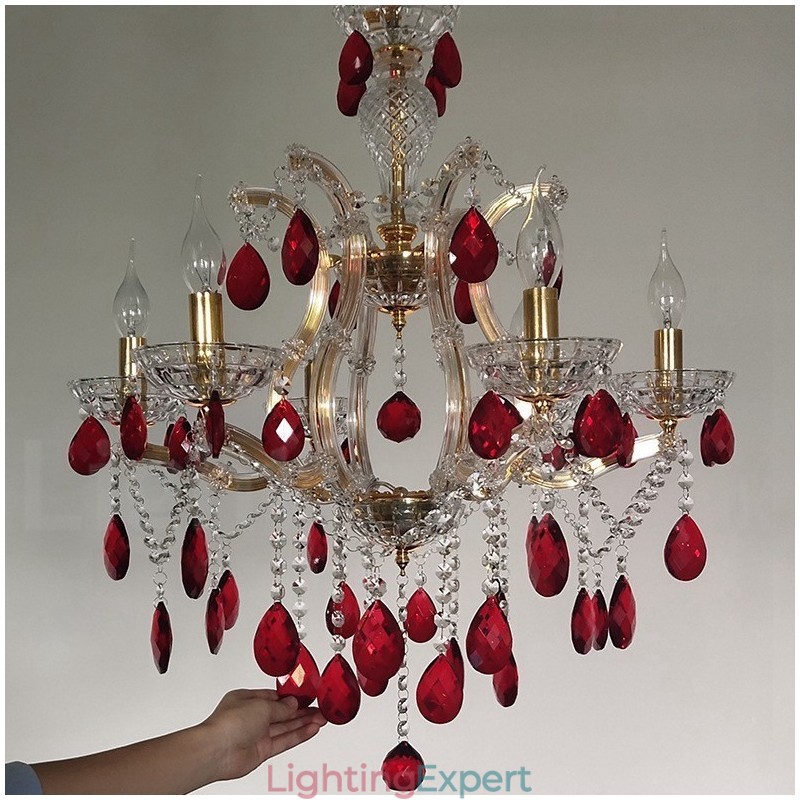 6 Light Gold Candle Chandelier with Red Crystal