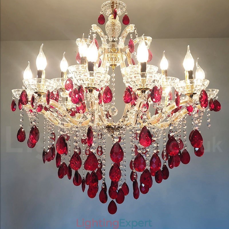 18 (12+6) Light Luxurious Red Crystal Candle Gold Chandelier