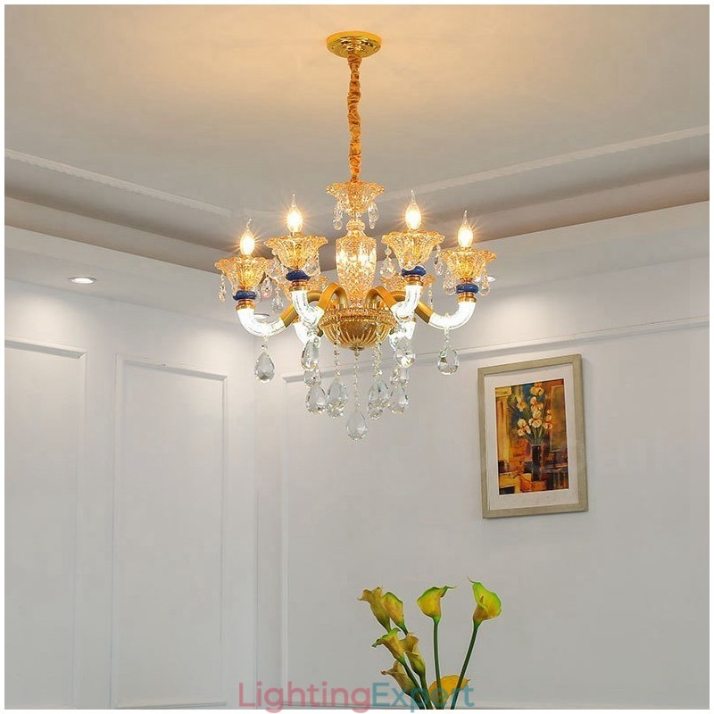 6 Light Modern Contemporary Champagne Candle Chandelier with Crystal