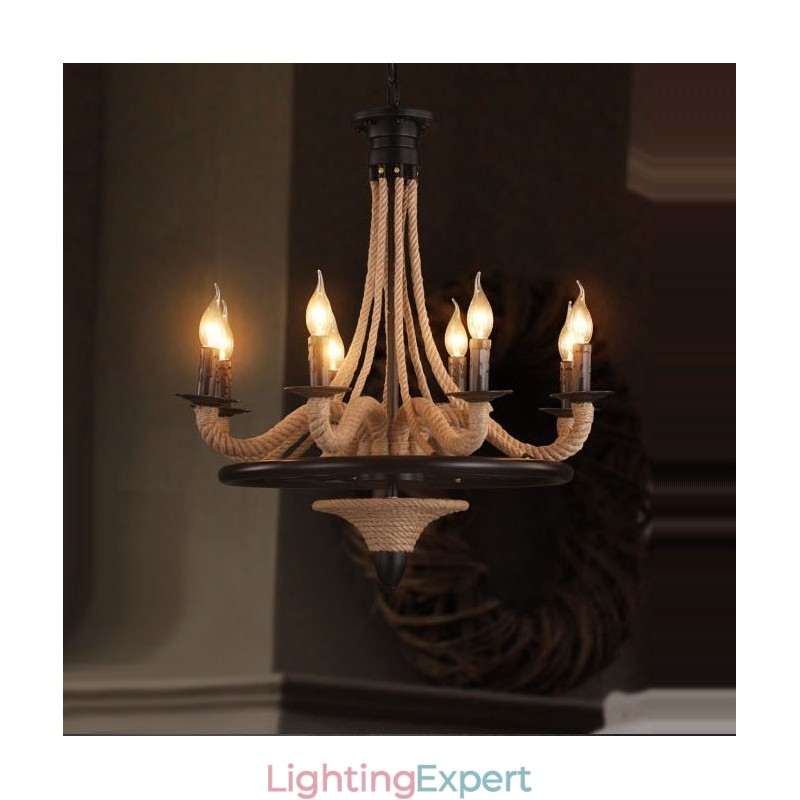 8 Light Candle Industrial Style Hemp Rope Pendant Chandelier Light