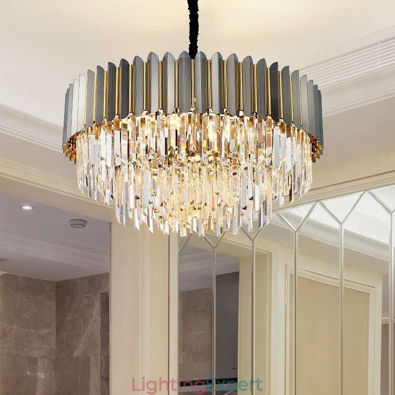 Luxury Postmodern Black and Gold Round K9 Crystal Pendant Chandelier Exhibition Hall