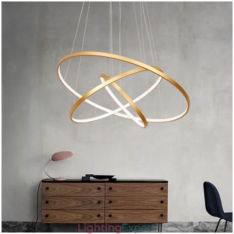 Dimmable Pendant Light with Remote Control Gold Modern Design Three Rings
