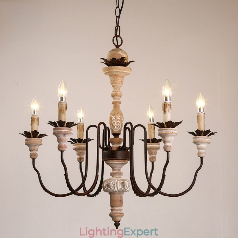 Country Vintage Wooden 6 Light Chandelier Light