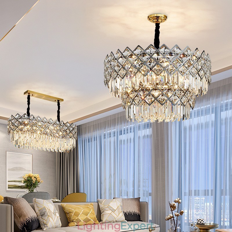 Two Tiers Luxury Postmodern Black and Gold Round K9 Crystal Pendant Chandelier