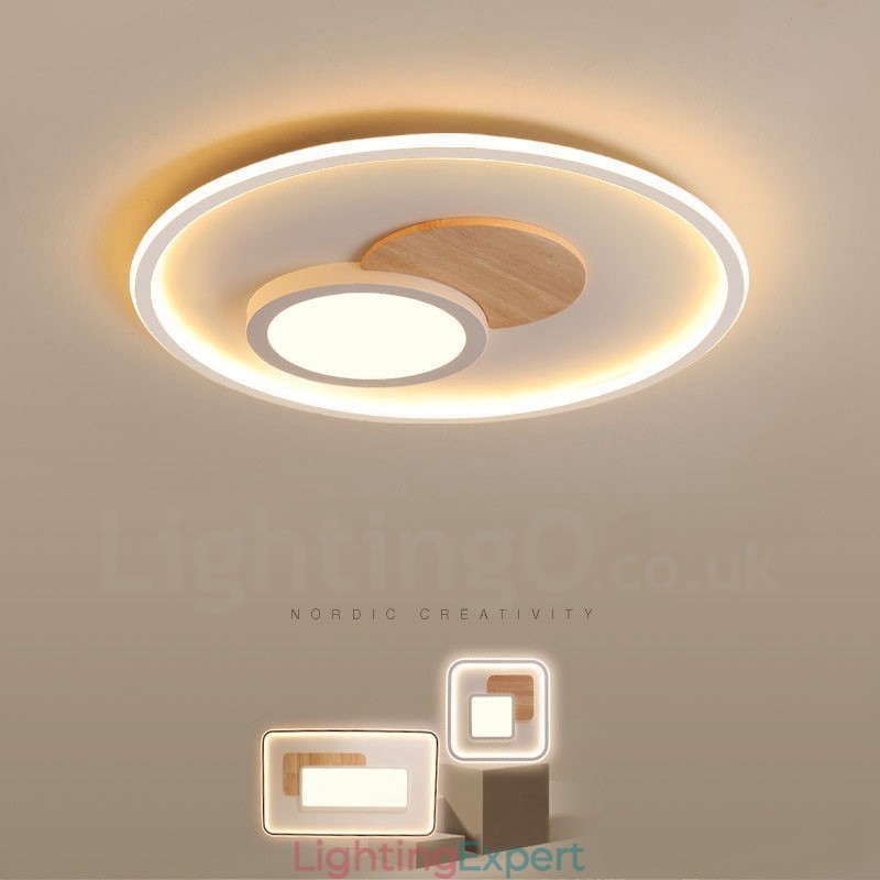 Wood Dimmable Modern Contemporary Nordic Style Flush Mount Round Ceiling Lights with Remote Control Also Can Be Used As Wall Light