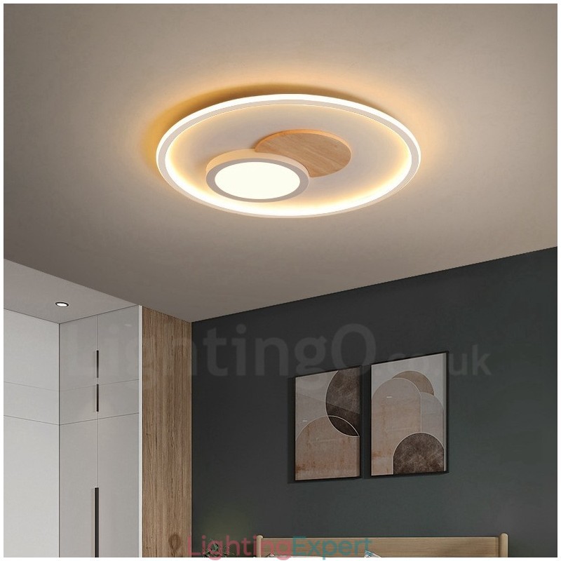Wood Dimmable Modern Contemporary Nordic Style Flush Mount Round Ceiling Lights with Remote Control Also Can Be Used As Wall Light