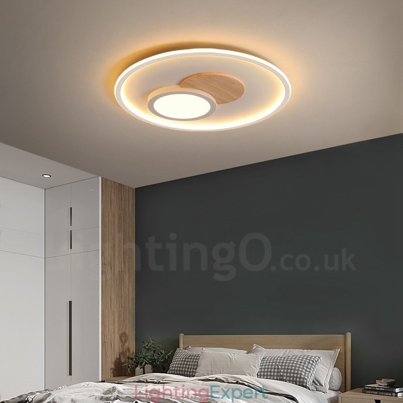 Wood Dimmable Modern Contemporary Nordic Style Flush Mount Round Ceiling Lights with Remote Control Also Can Be Used As Wall Light