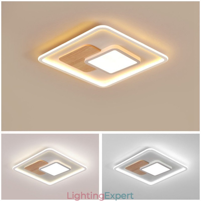 Wood Dimmable Modern Contemporary Nordic Style Square Flush Mount Ceiling Lights with Remote Control Also Can Be Used As Wall Light