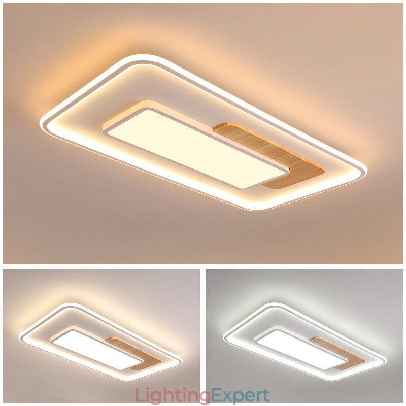 Wood Dimmable Modern Contemporary Nordic Style Rectangle Flush Mount Ceiling Lights with Remote Control Also Can Be Used As Wall Light