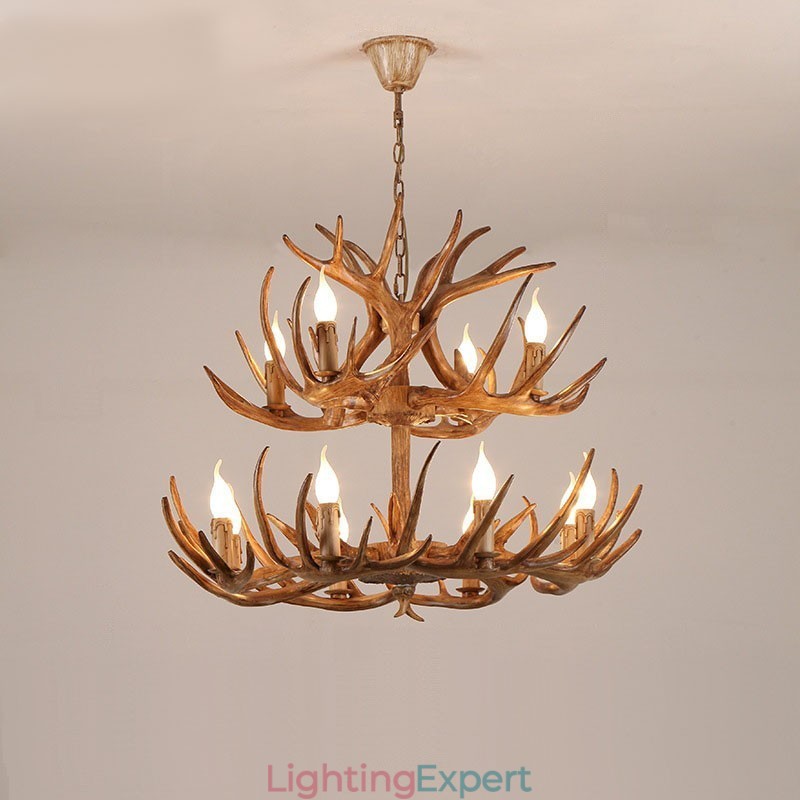 12 (8+4) Light 2 Tiers Rustic Artistic Retro Antler Antique Chandelier