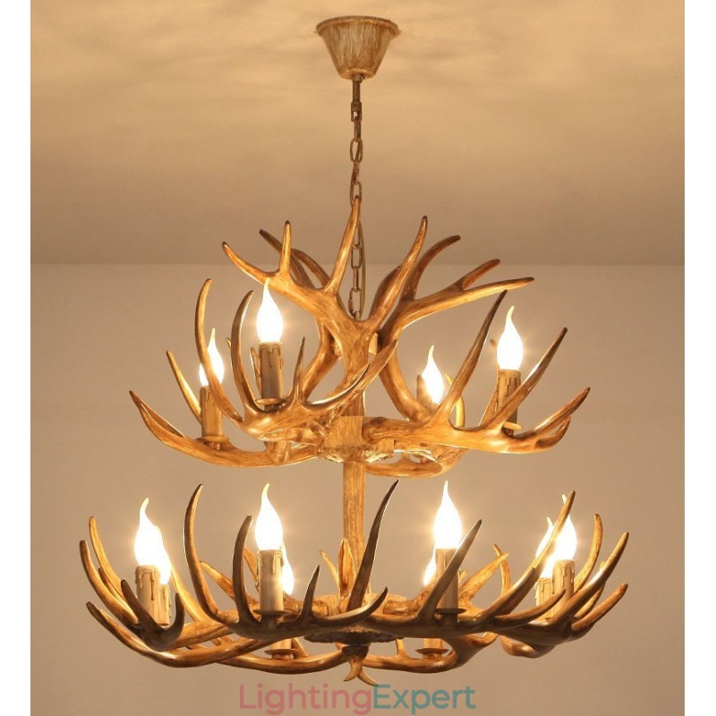 12 (8+4) Light 2 Tiers Rustic Artistic Retro Antler Antique Chandelier