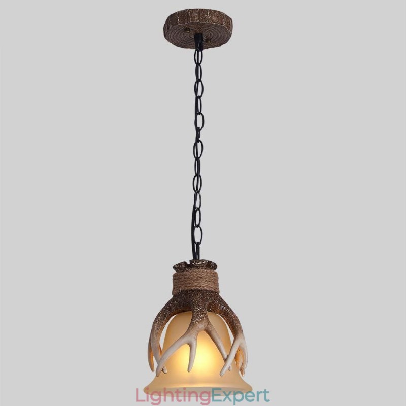 One Light Rustic Artistic Retro Antler Antique Pendant Light with Glass Shade