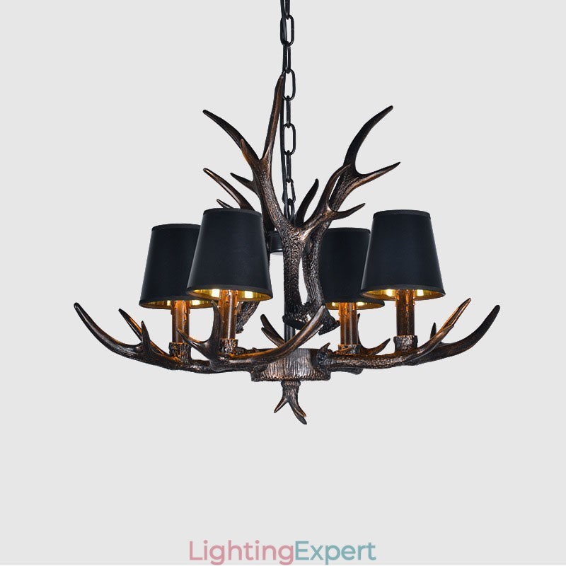 4 Light Black Rustic Artistic Retro Antler Antique Chandelier with Shades