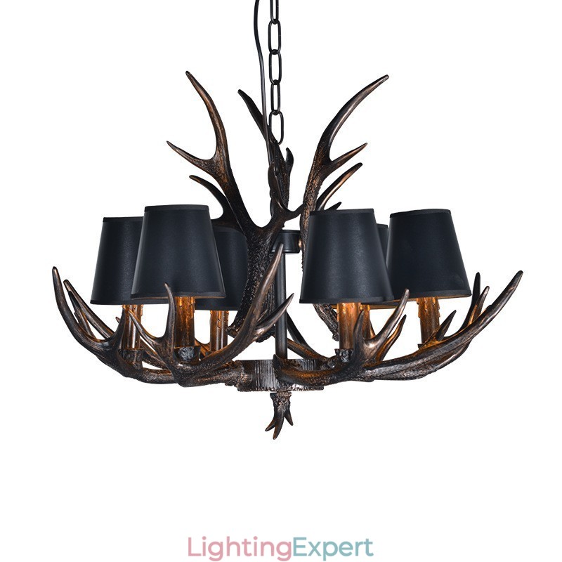 6 Light Black Rustic Artistic Retro Antler Antique Chandelier with Shades