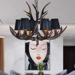 6 Light Black Rustic Artistic Retro Antler Antique Chandelier with Shades
