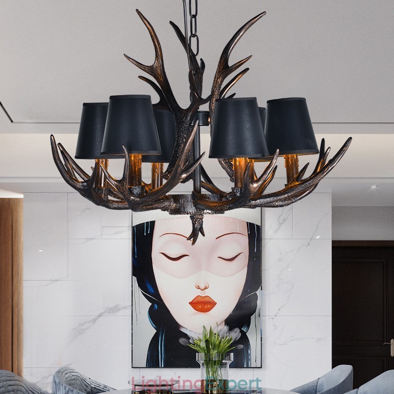 6 Light Black Rustic Artistic Retro Antler Antique Chandelier with Shades