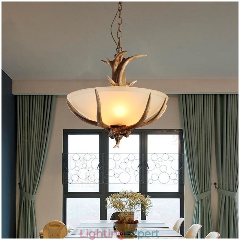 One Light Rustic Artistic Retro Antler Antique Pendant Light with Glass Shade
