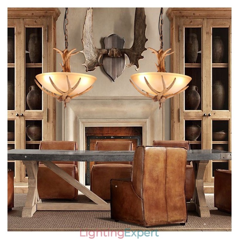 One Light Rustic Artistic Retro Antler Antique Pendant Light with Glass Shade