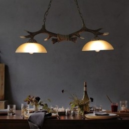 2 Light Black Rustic Artistic Retro Antler Antique Pendant Light with Glass Shade