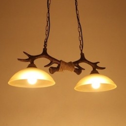 2 Light Black Rustic Artistic Retro Antler Antique Pendant Light with Glass Shade