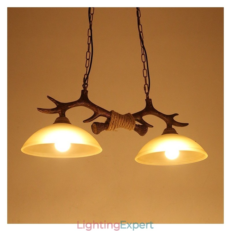 2 Light Black Rustic Artistic Retro Antler Antique Pendant Light with Glass Shade