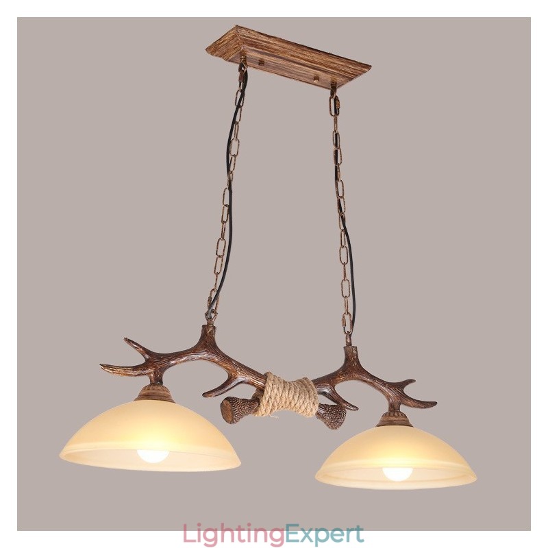 2 Light Brown Rustic Artistic Retro Antler Antique Pendant Light with Glass Shade