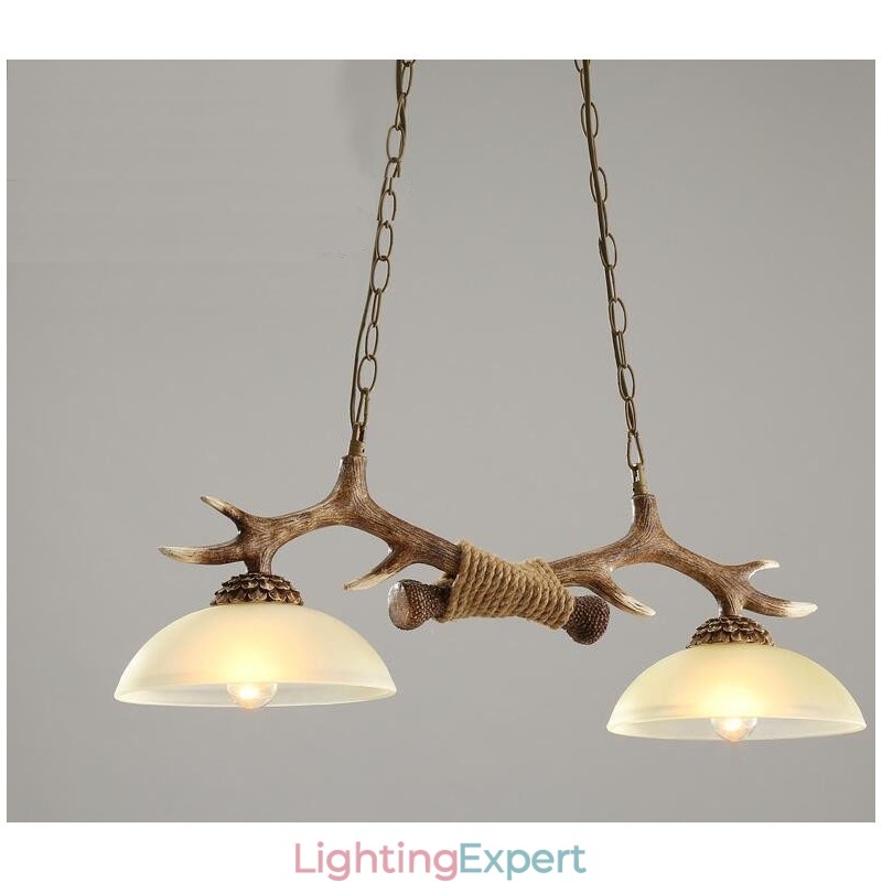 2 Light Brown Rustic Artistic Retro Antler Antique Pendant Light with Glass Shade