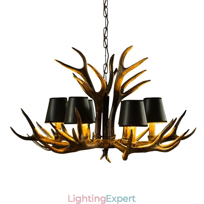 6 Light Black Rustic Artistic Retro Antler Antique Chandelier with Shades