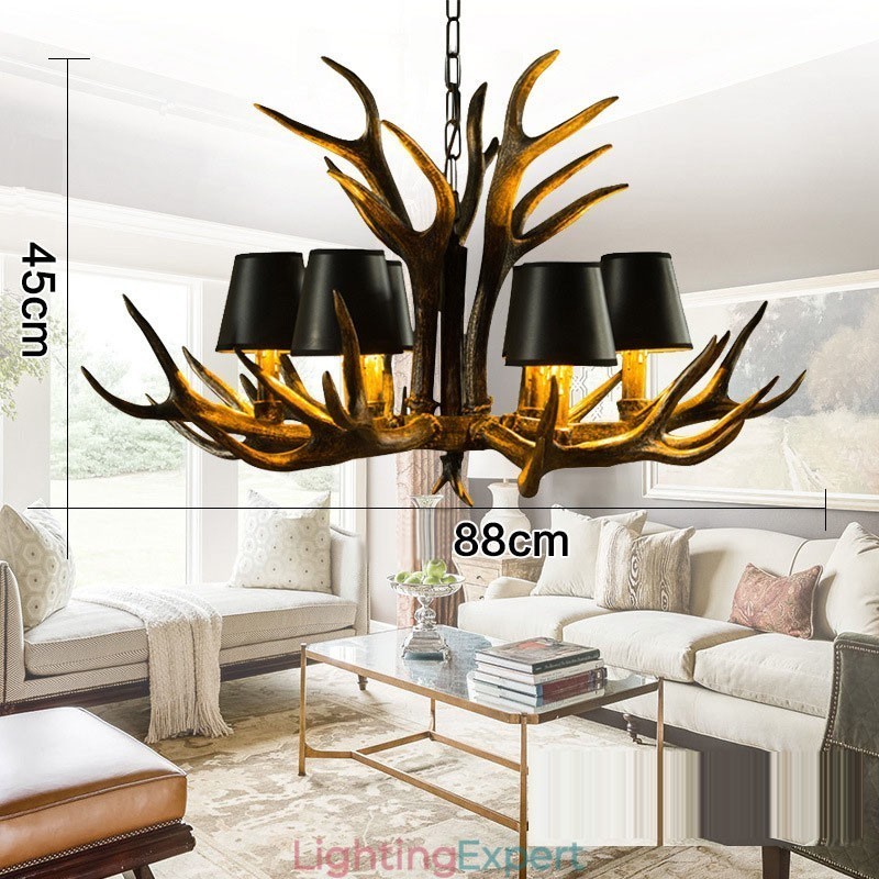 6 Light Black Rustic Artistic Retro Antler Antique Chandelier with Shades