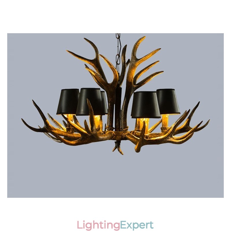 6 Light Black Rustic Artistic Retro Antler Antique Chandelier with Shades