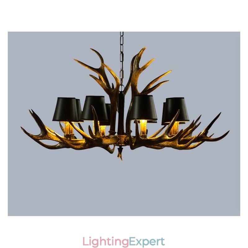 8 Light Black Rustic Artistic Retro Antler Antique Chandelier with Shades