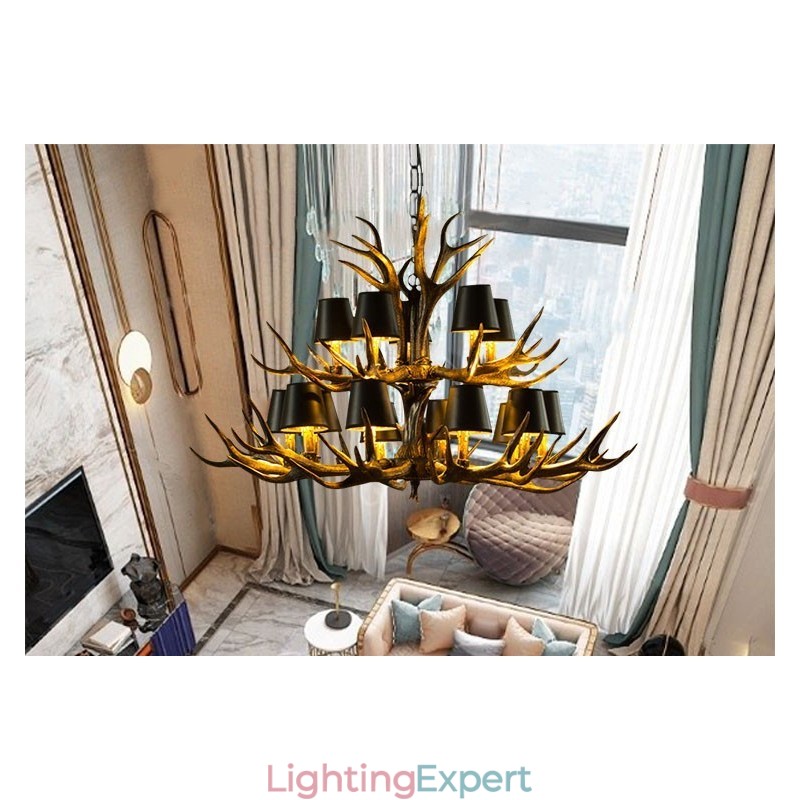 15 Light Black Rustic Artistic Retro Antler Antique Chandelier with Shades