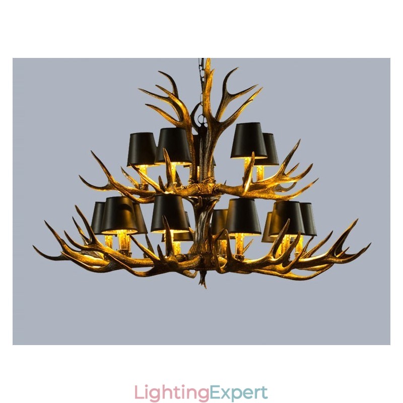 15 Light Black Rustic Artistic Retro Antler Antique Chandelier with Shades