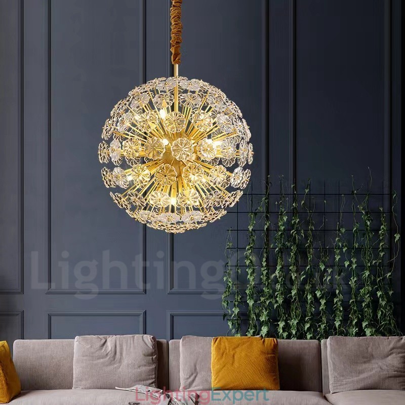 Nordic Spherical Brass Dandelion Crystal Pendant Light