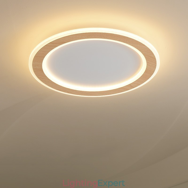 Round Wood Modern Flush Mount Ceiling Light Indoor Lighting Fixture
