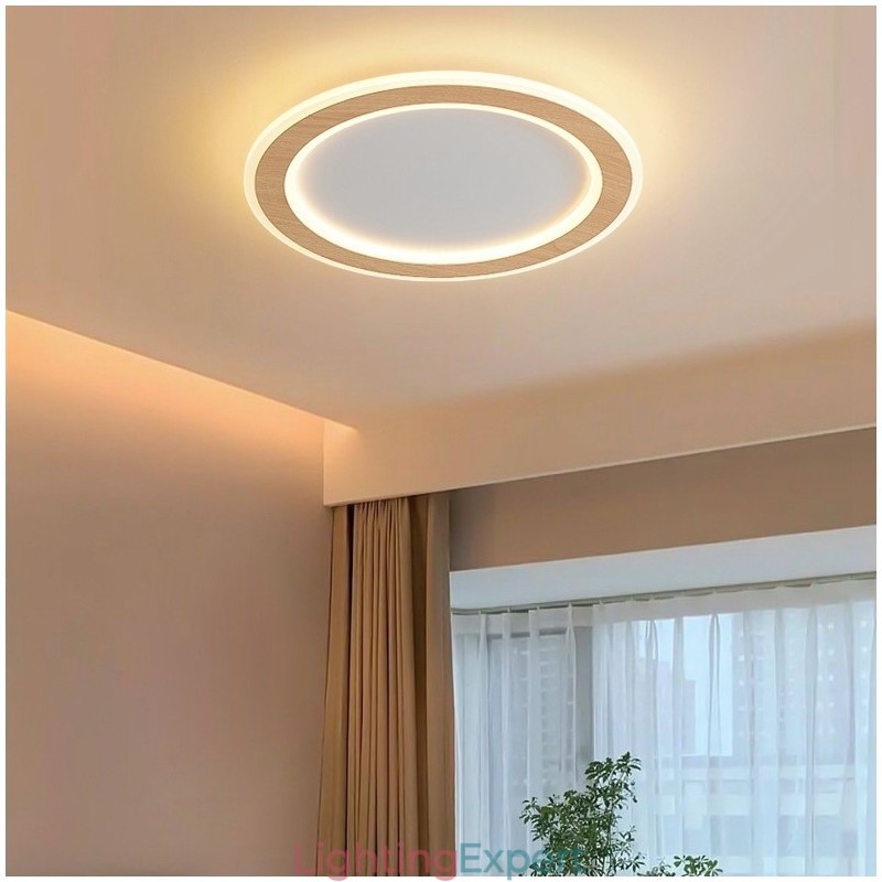 Round Wood Modern Flush Mount Ceiling Light Indoor Lighting Fixture