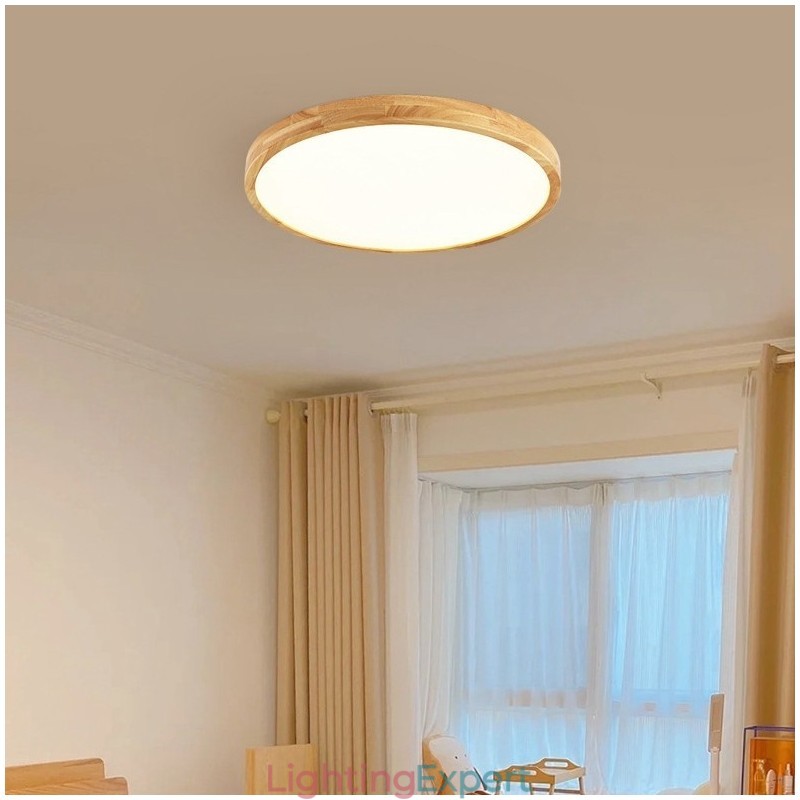 Round Wood Modern Flush Mount Ceiling Light Indoor Lighting Fixture