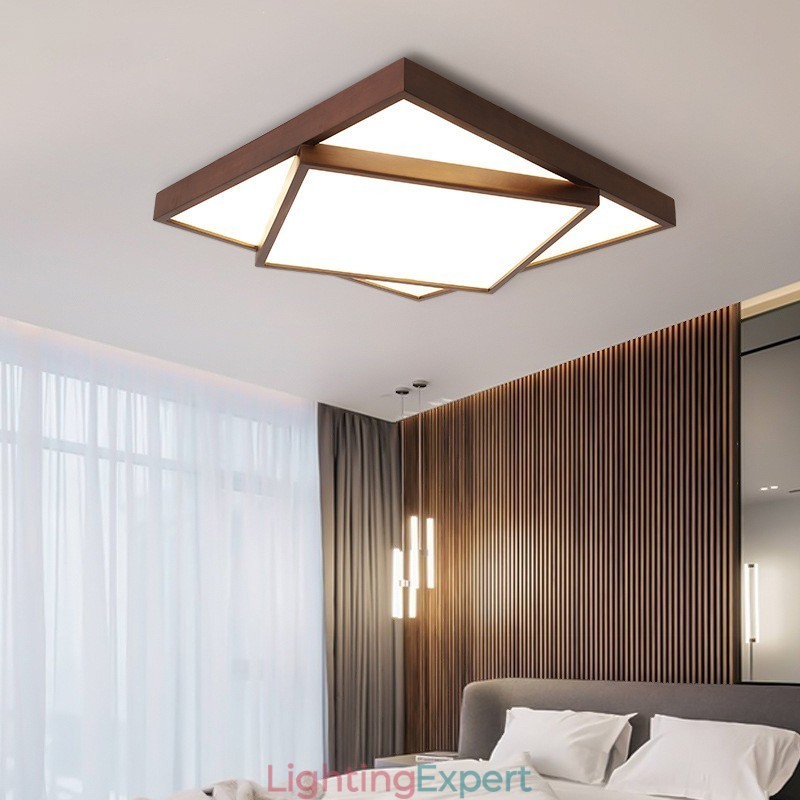 Two Tiers Square Black Walnut Wood Modern Contemporary Nordic Style Flush Mount Wood Ceiling Light Also Can Be Used As Wall Light
